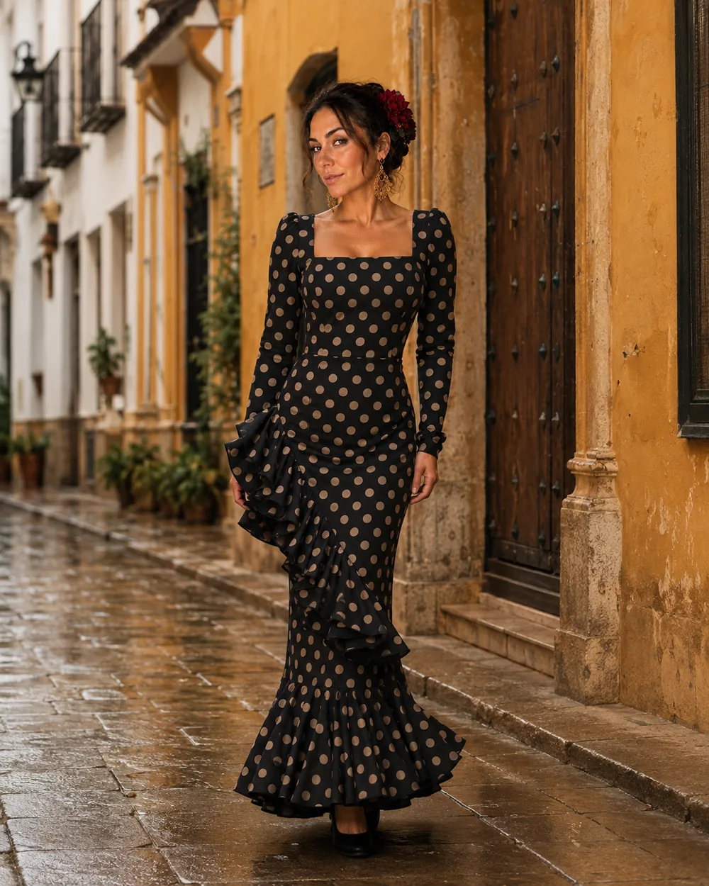 Vestido negro de lunares en calle señorial