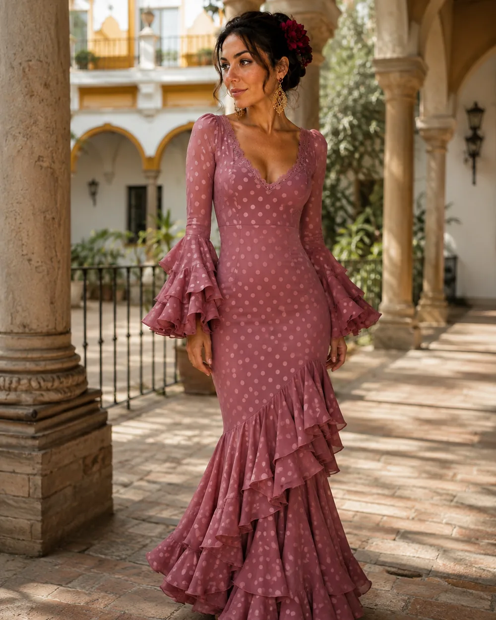 Vestido rosa empolvado bajo arquerías