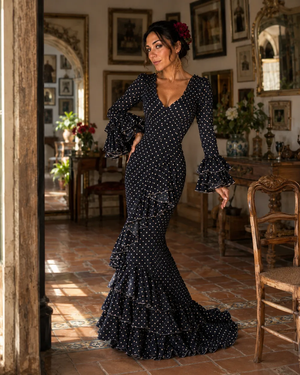 Vestido azul noche de lunares en interior andaluz