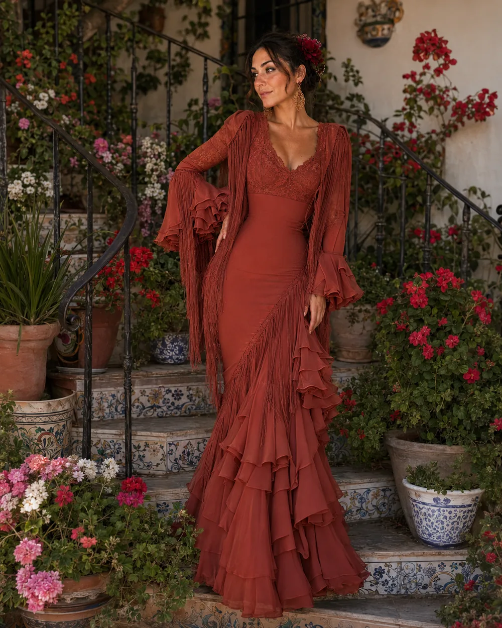 Vestido terracota con flecos en escalera floral