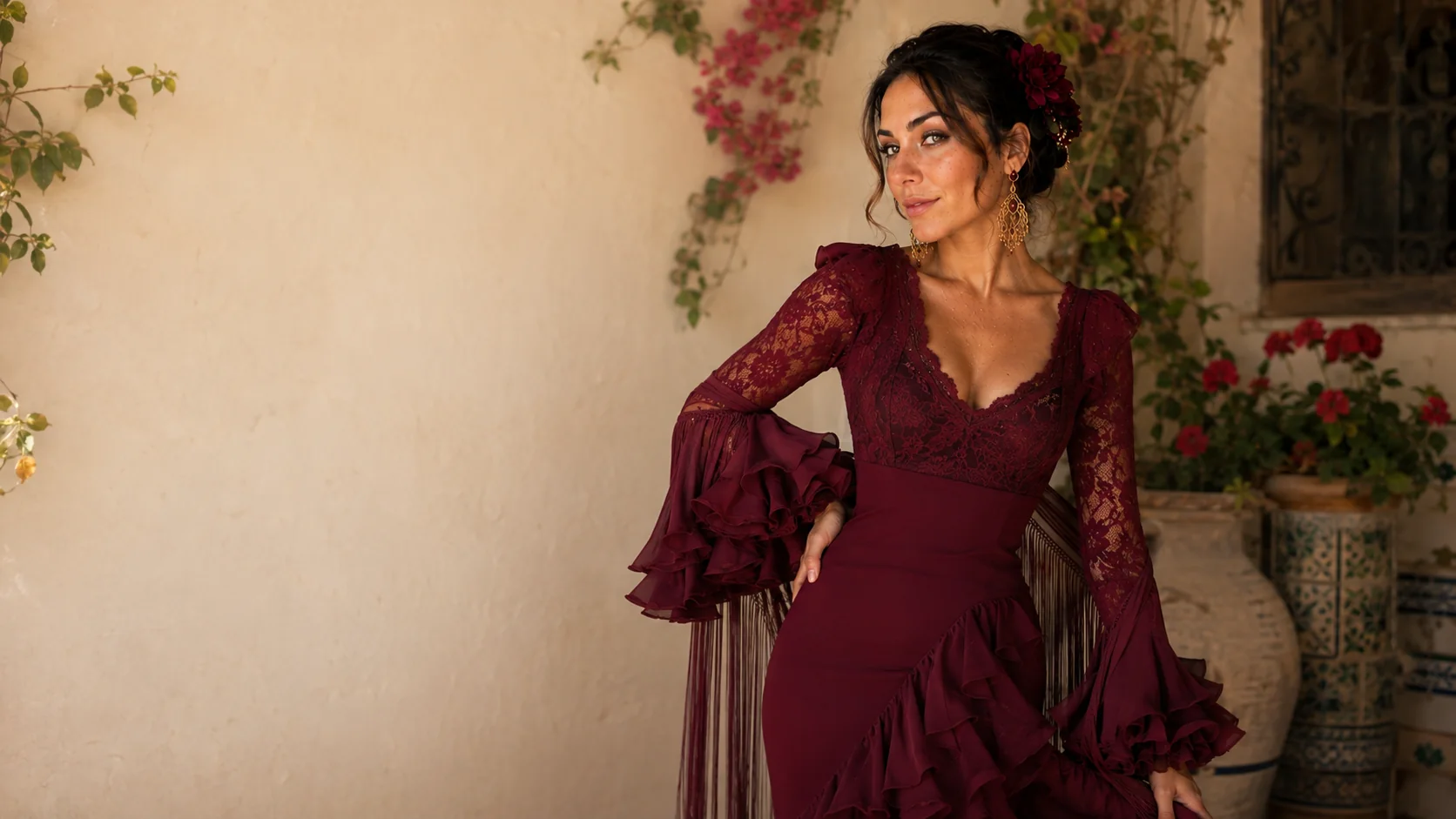 Modelo con diseño flamenco burdeos en un patio andaluz